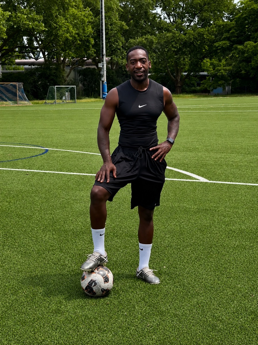 Norberto Fernandez, Head Coach der PRO ACADEMIE X, mit dem Fuß auf dem Ball